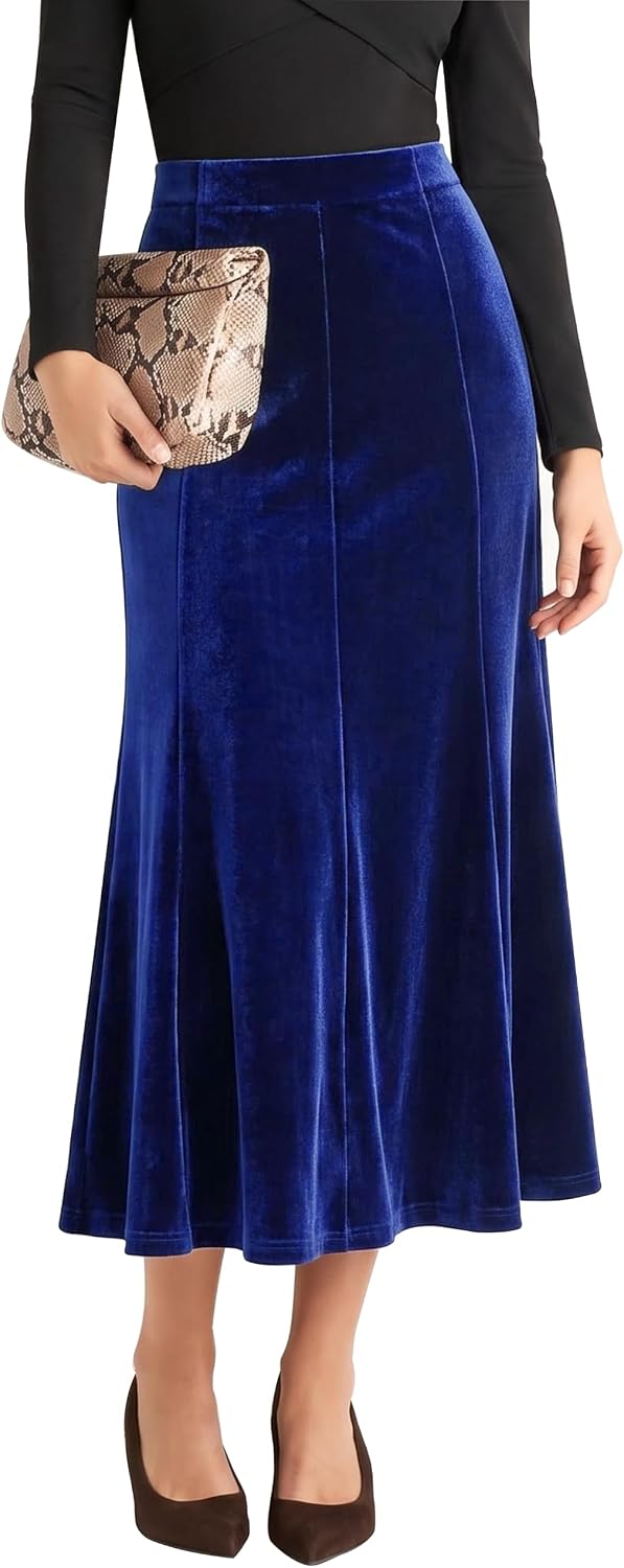 Urban CoCo Women's Velvet A-Line Midi Skirt High-Waisted Stretch
