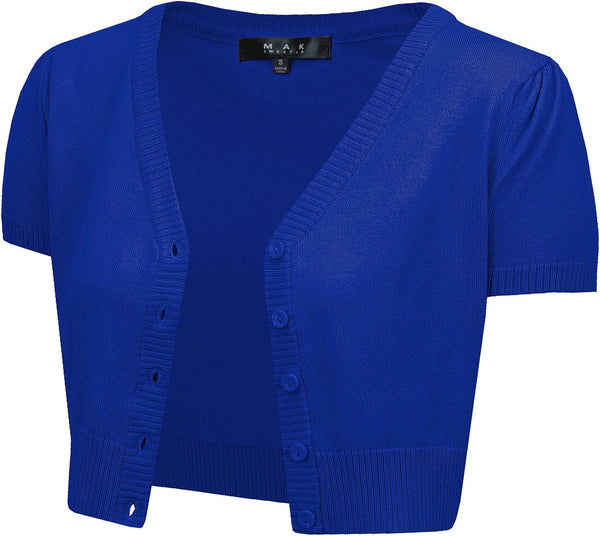 YEMAK Women's Cropped Bolero Cardigan – Short Sleeve V-Neck Basic Classic Casual Button Down Knit Soft Sweater Knitted Top