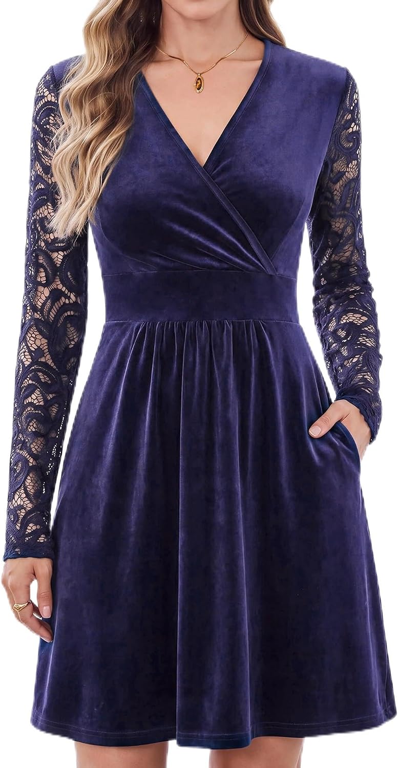 AUSELILY Velvet Dress for Women V Neck Lace Sleeve Wrap Dress