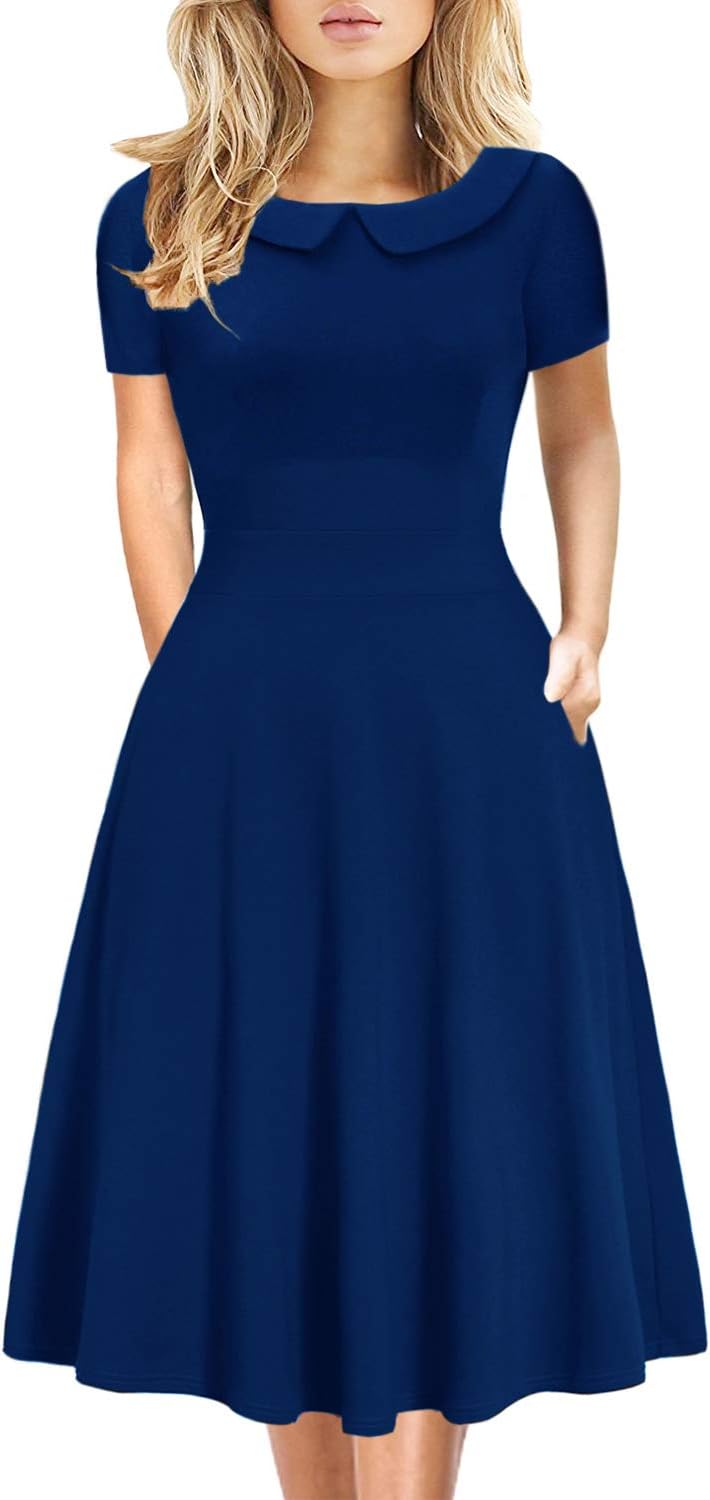 Women's Elegant Vintage Dresses Knee Length Casual Floral Print Work Party Peter Pan Collar A-Line Dress with Pockets 978
