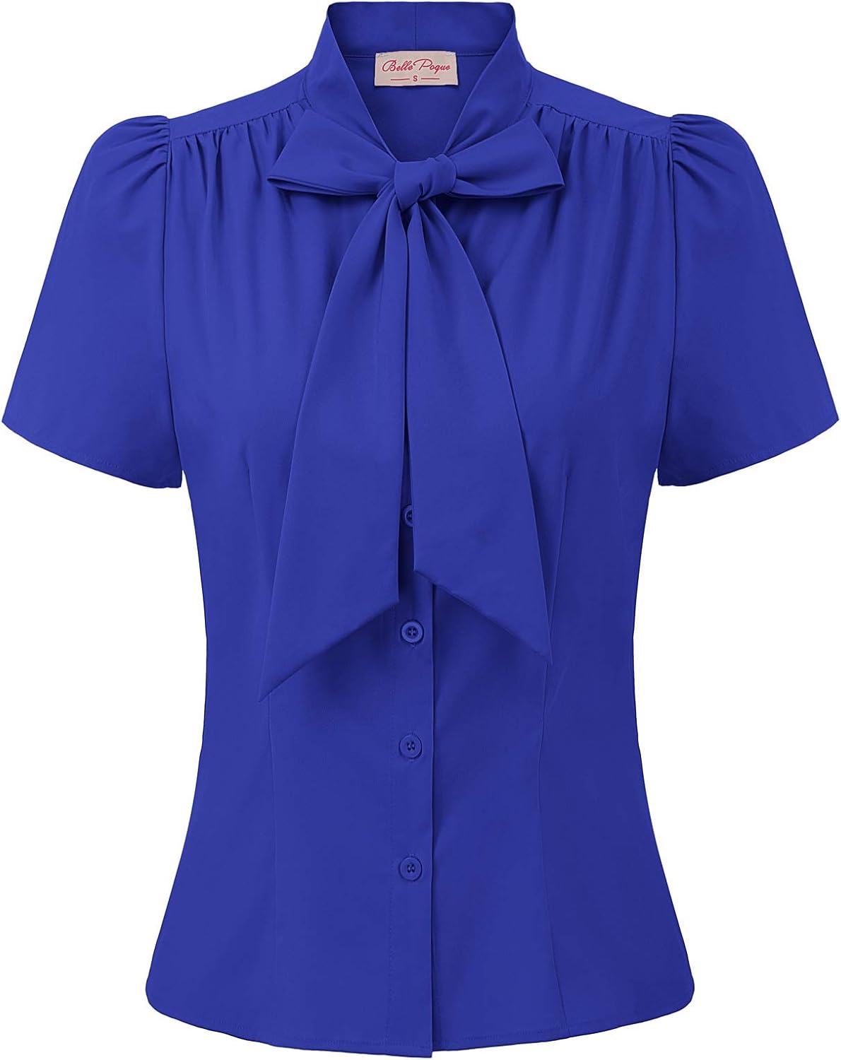 Belle Poque Women Dressy Casual Top Bow Tie Button Down Short Sleeve Blouse