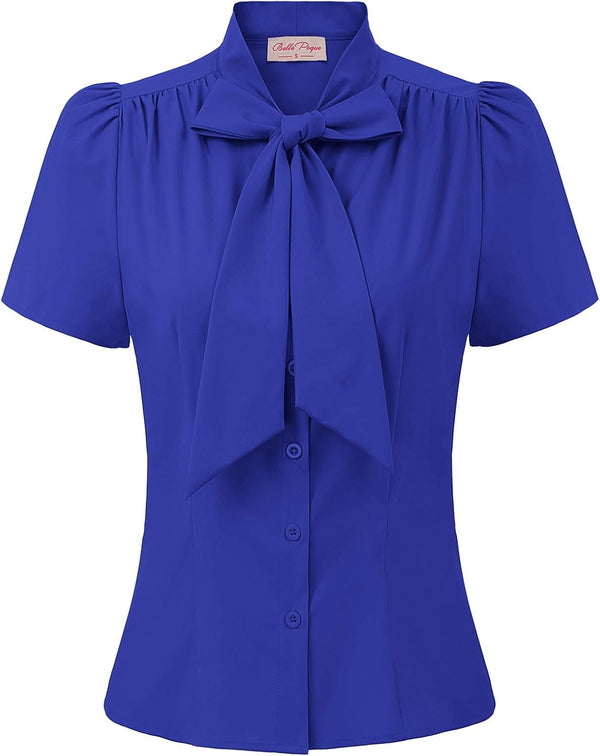 Belle Poque Women Dressy Casual Top Bow Tie Button Down Short Sleeve Blouse