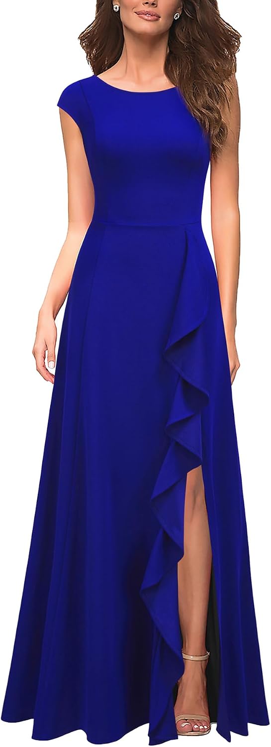 MUSHARE Women's Cocktail Dresses with Pockets Ruffled Sexy Split Party Long Formal Dress