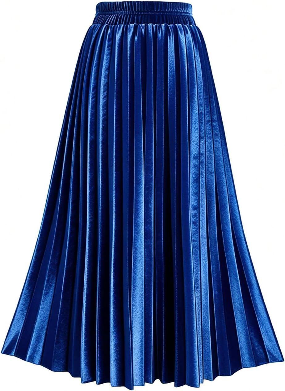 TONCHENGSD Women's Fall Winter Velvet Midi Skirt High Elastic Waist Pleated Skirt
