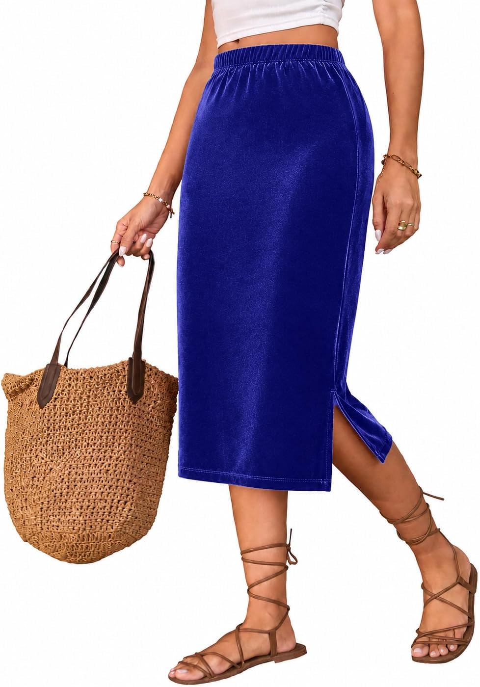 Velvet Midi Skirt for Women High Waist Straight Skirt with Side Slit