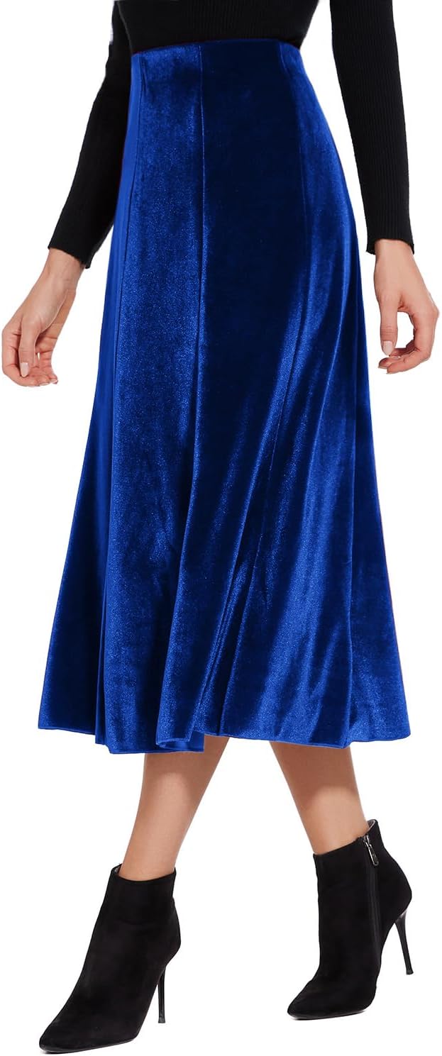 Women’s Elegant Vintage Velvet Midi Skirt Flowy 8-Panel Design