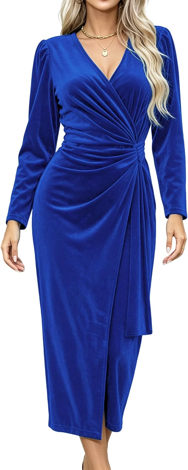 R.Vivimos Women's Velvet Wrap Fall Winter Elegant Midi Dress