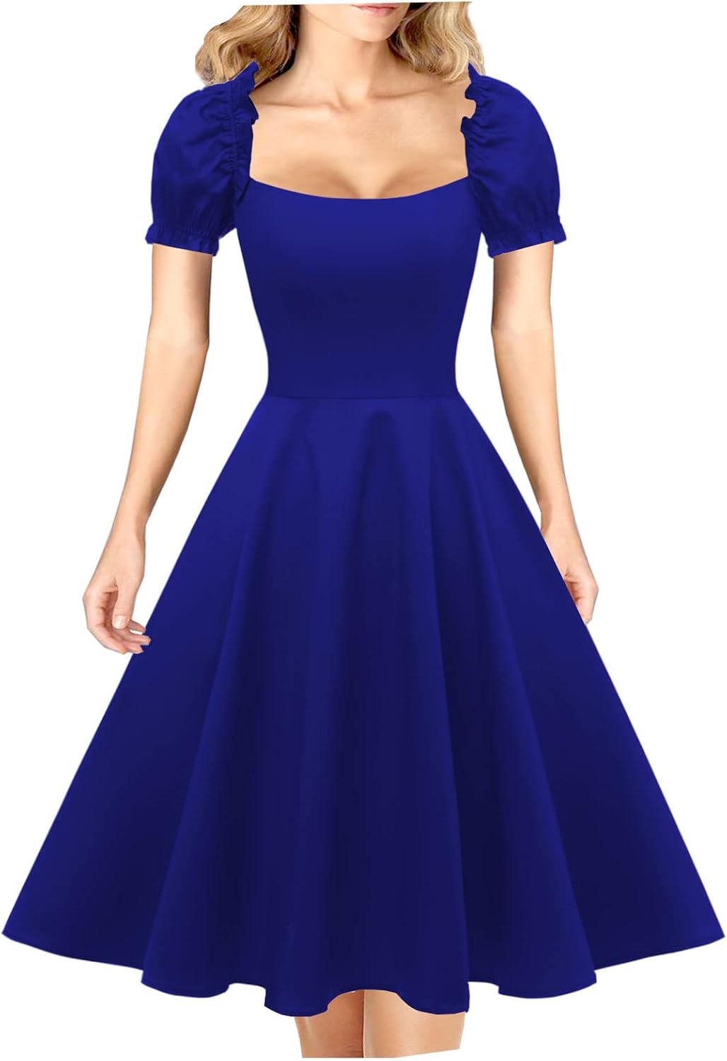 Women's Puff Short Sleeve 1950s Party Dresses Square Neck Aline Dress with Pockets