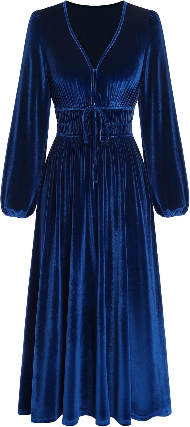 ZAFUL Women's V Neck Velvet Midi Dress Long Sleeve Formal Cocktail Dress
