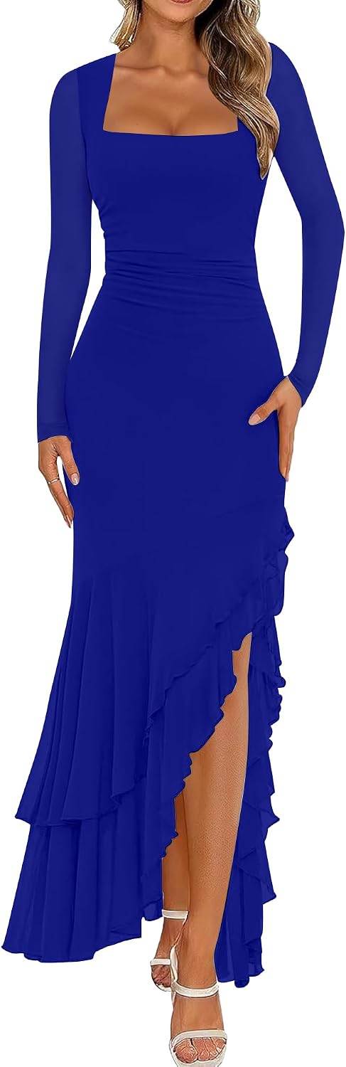 BORIFLORS Women's Bodycon Fall Wedding Guest Long Sleeve Maxi Dress