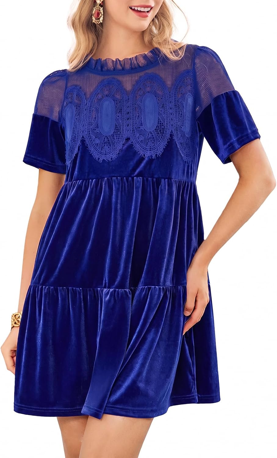 Wenrine Womens Velvet Dress Fall Lace Short Sleeve Babydoll Mini Dresses