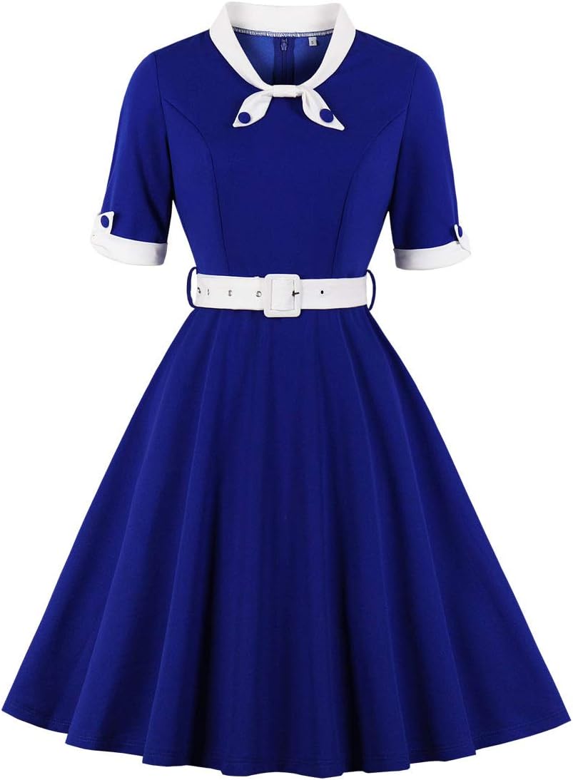 1950s Dresses for Women Vintage Rockabilly Retro Short Sleeve Tie Midi Dress Cocktail Party Evening Prom Gown