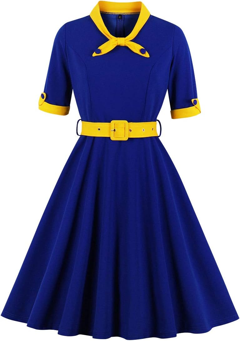 1950s Dresses for Women Vintage Rockabilly Retro Short Sleeve Tie Midi Dress Cocktail Party Evening Prom Gown