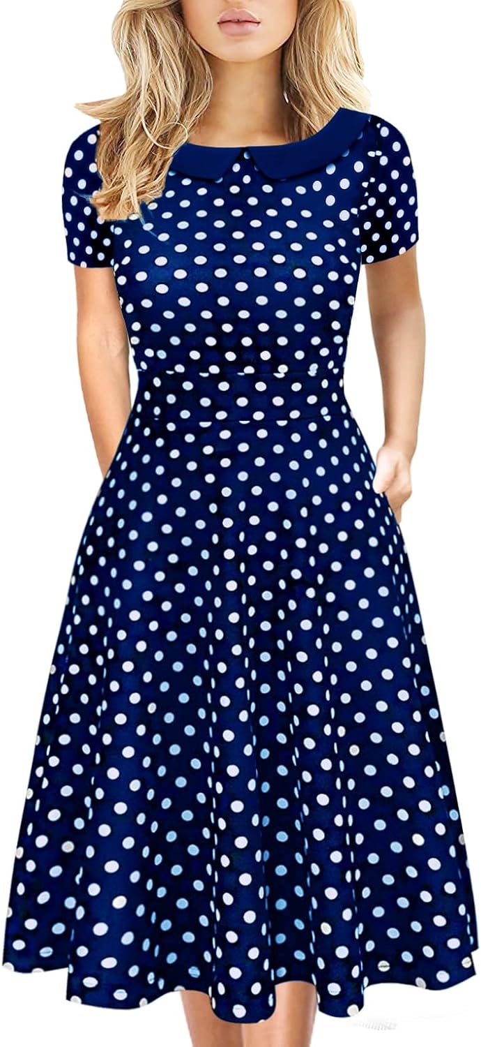 Women's Elegant Vintage Dresses Knee Length Casual Floral Print Work Party Peter Pan Collar A-Line Dress with Pockets 978