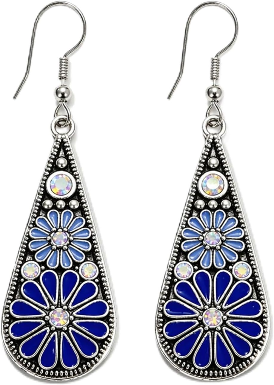 Bohemian Crystal Teardrop Pendant Earring,Vintage Olive Green Hollow Out Flower Floral Dangle Earrings,National Style Geometry Enamel Flower Hook