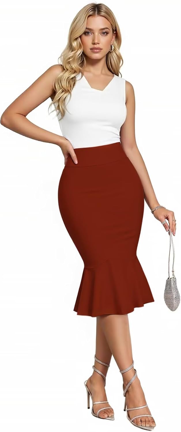 HyBrid & Company Womens Premium Nylon Ponte Stretch Office Fishtail Pencil Skirt High Waist Made in The USA Below Knee