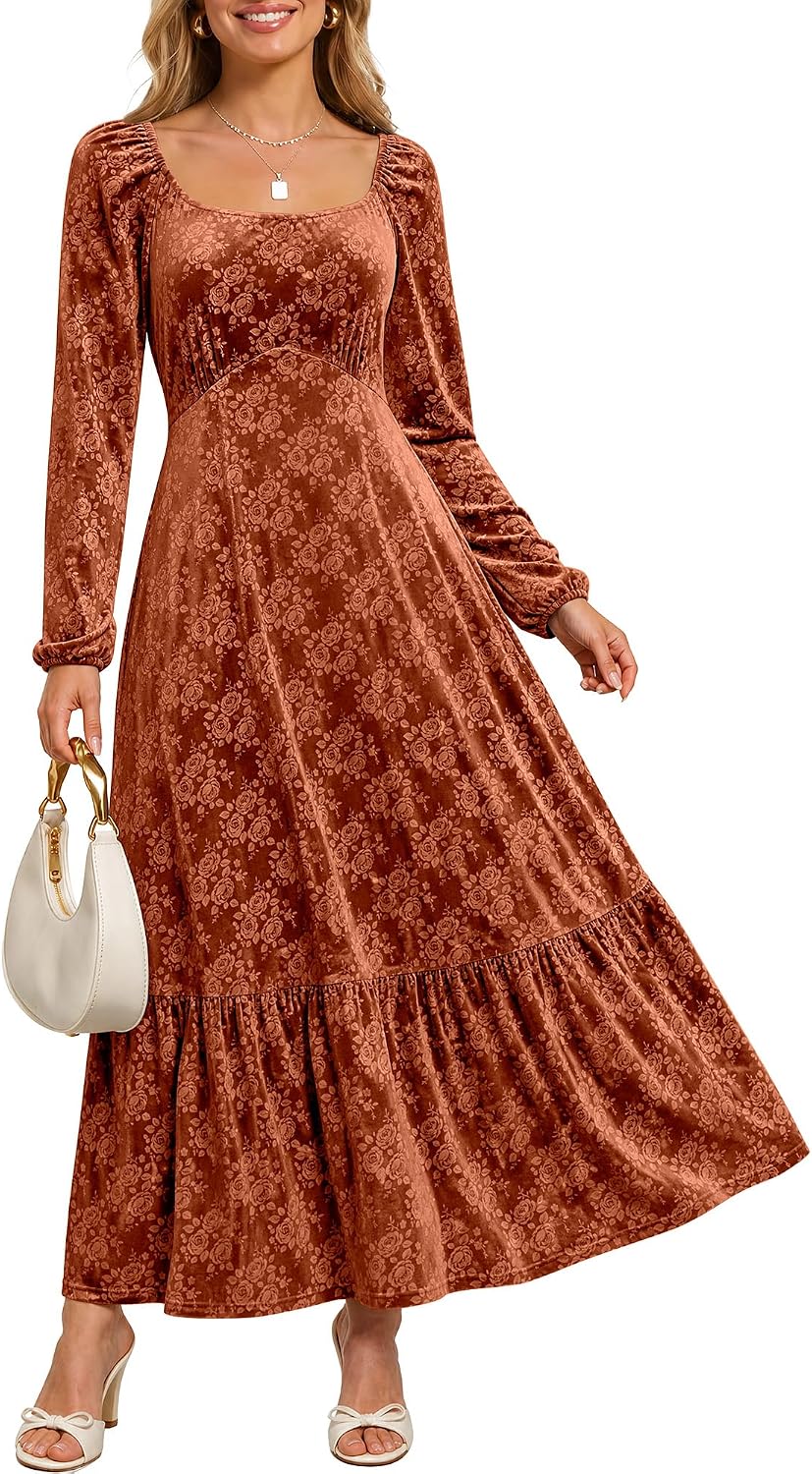 Caracilia Womens Long Sleeve Velvet Formal Fall Maxi Dress