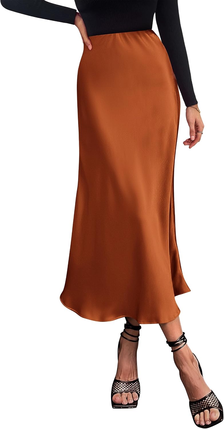 PRETTYGARDEN Women's Satin Midi Skirts Dressy Casual