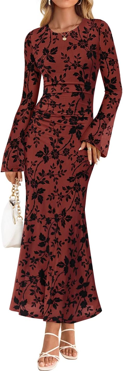 ZESICA Womens Long Sleeve Floral Fall Bodycon Ruched Mesh Maxi Formal Dress