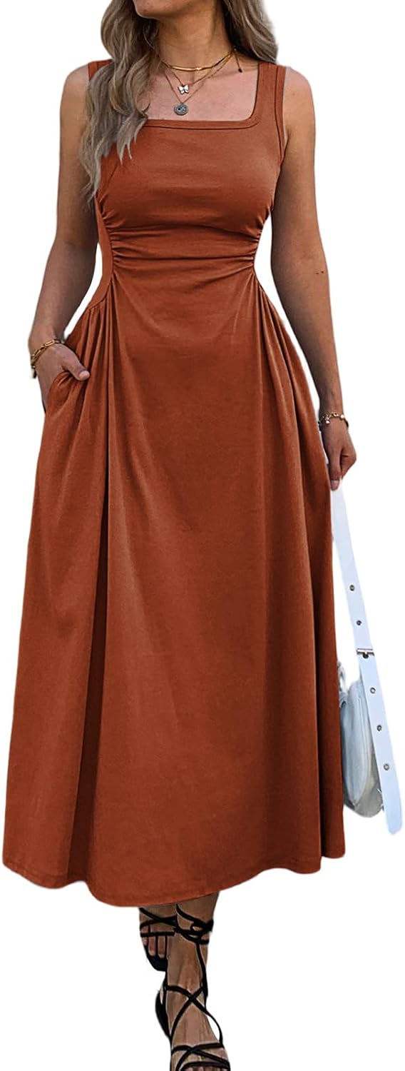 Mieazom Women's Square Neck Sleeveless Slim-Fit Maxi Dress Ruched Waist Corset Flowy Casual Summer Dresses with Pockets