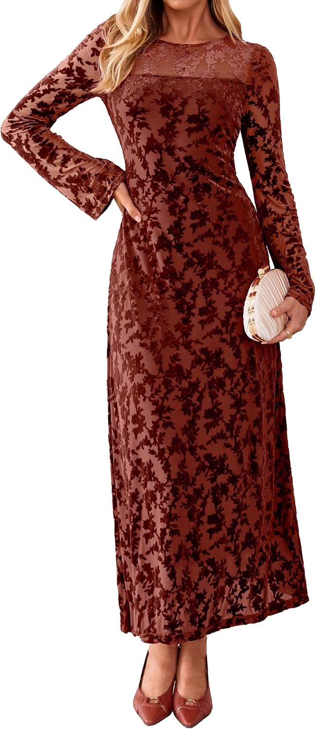 Simplee Womens Velvet Long Sleeve Fall Formal Wedding Guest Maxi Dress