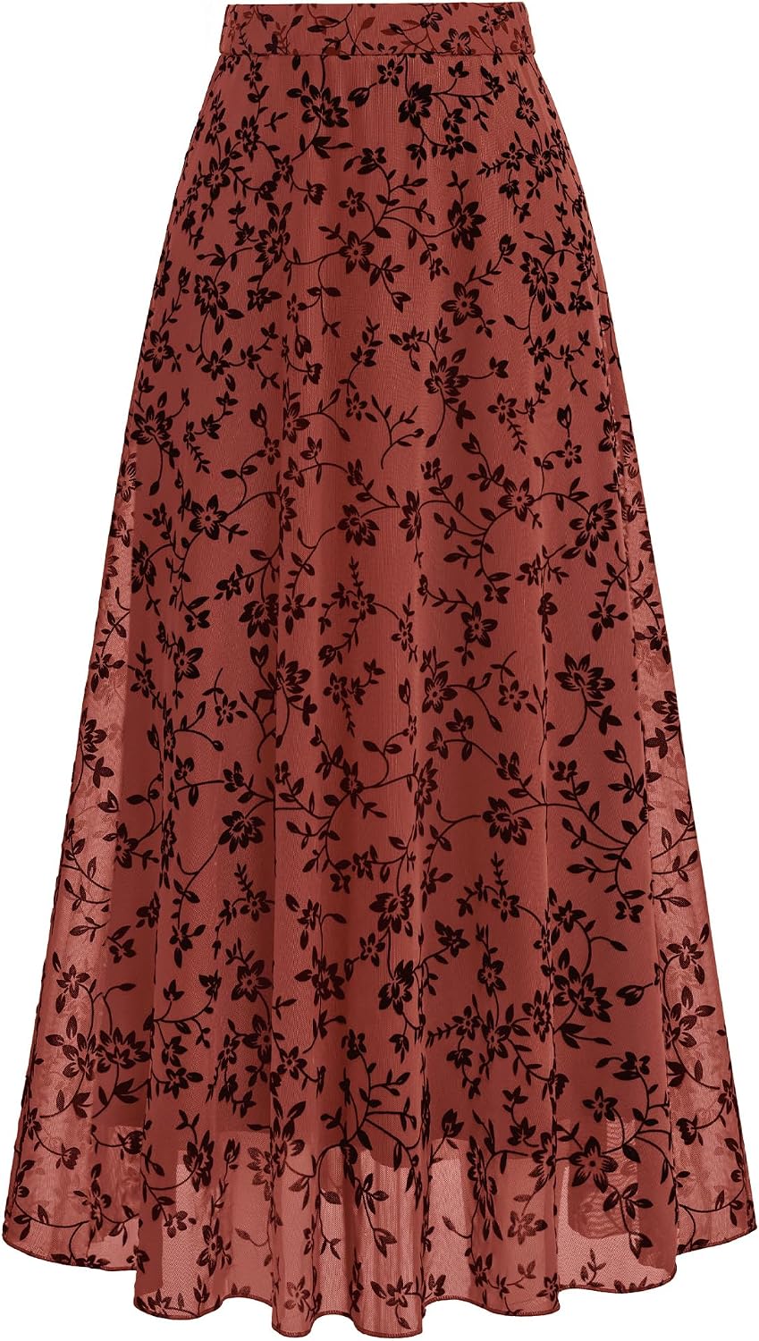 BTFBM Womens Floral Mesh Maxi Skirts Long Tulle Skirt