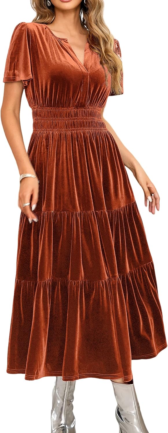 R.Vivimos Womens Fall Winter Velvet Elastic Waist Maxi Dress