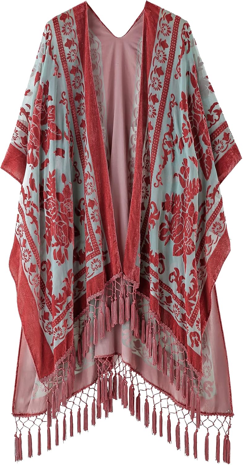 Women's Burnout Velvet Kimono Long Cardigan Cover Up With Tassel