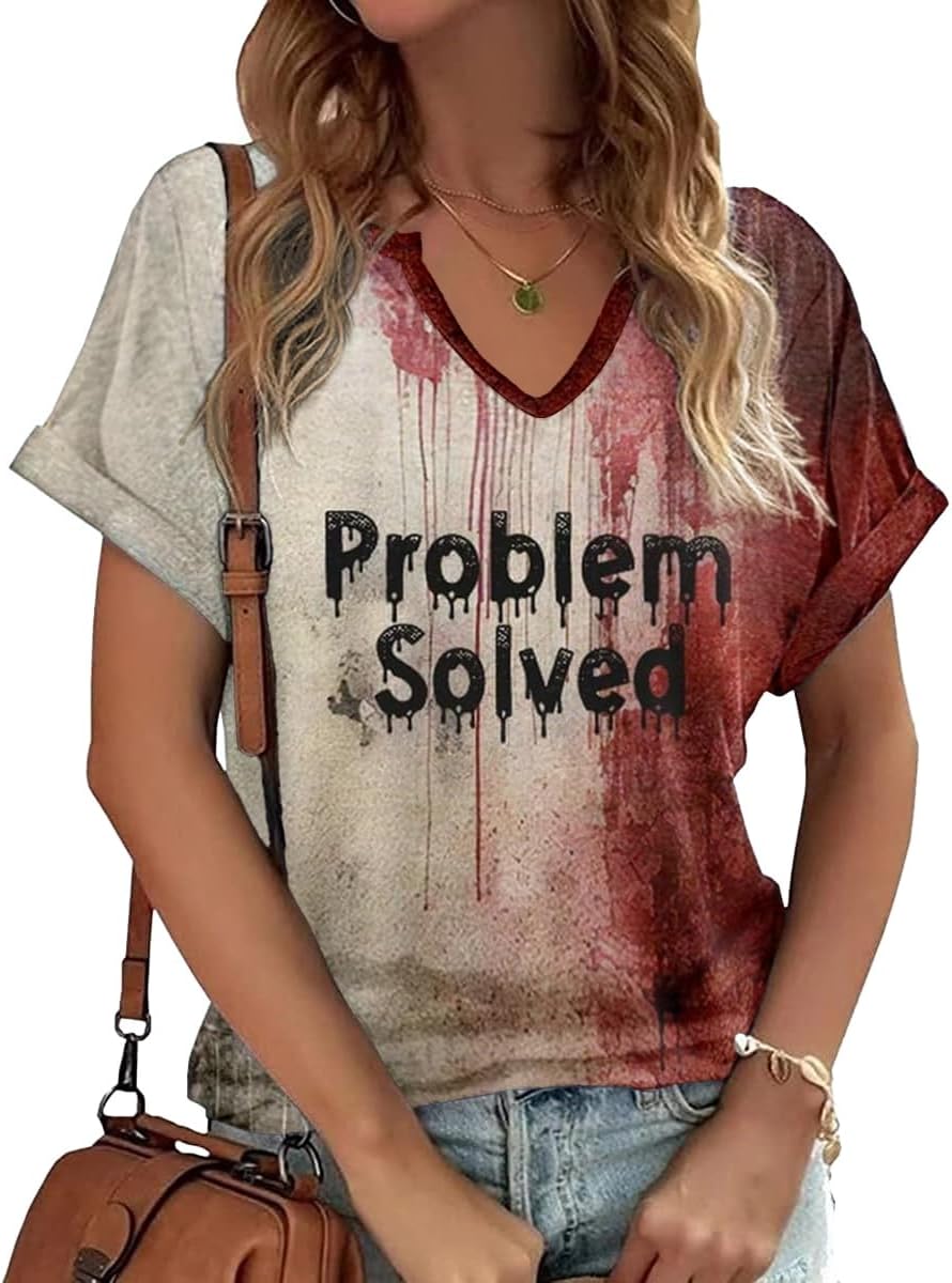 Earlymemb Women Fall Halloween Doodles V Neck Shirt Thanksgiving Casual Tee