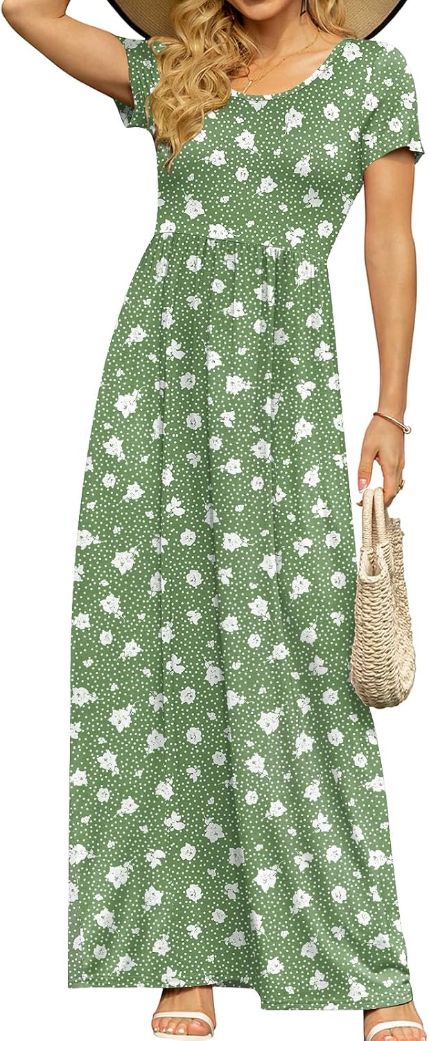 DB MOON Women's Summer Maxi Dress Casual Short Sleeve Empire Waist Pockets