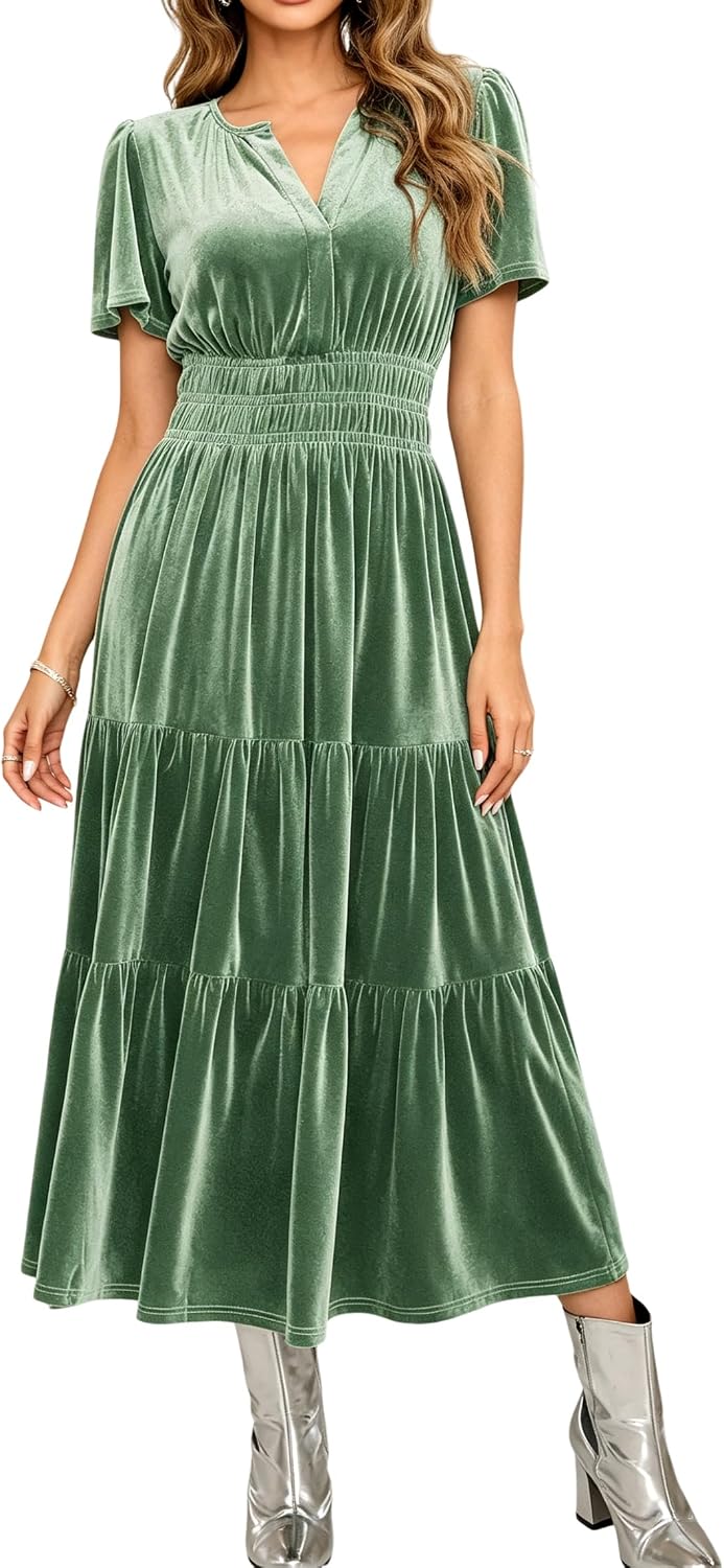 R.Vivimos Womens Fall Winter Velvet Elastic Waist Maxi Dress