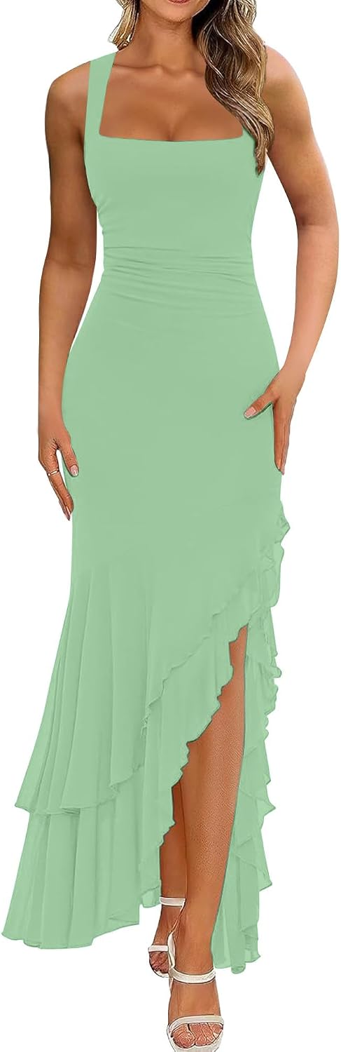BORIFLORS Women's Elegant Bodycon Ruched Maxi Cocktail Dress