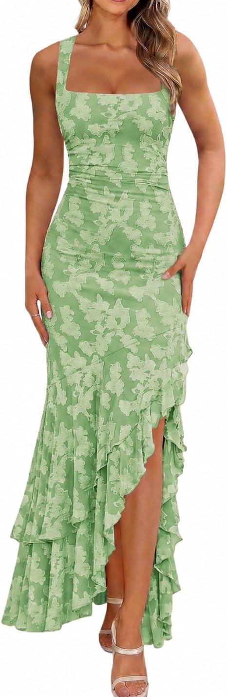 BORIFLORS Women's Elegant Ruched Floral Maxi Wedding Guest Dress