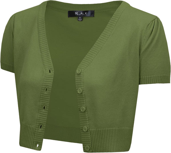 YEMAK Women's Cropped Bolero Cardigan – Short Sleeve V-Neck Basic Classic Casual Button Down Knit Soft Sweater Knitted Top