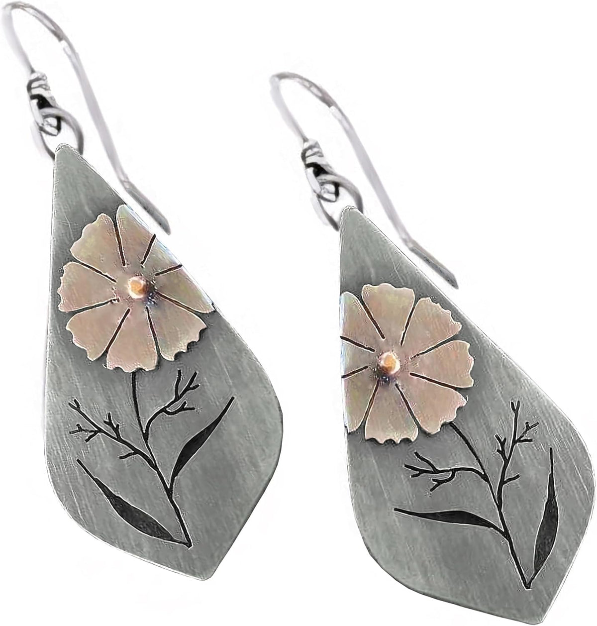 Gray Teardrop Flower Boho Dangle Earrings