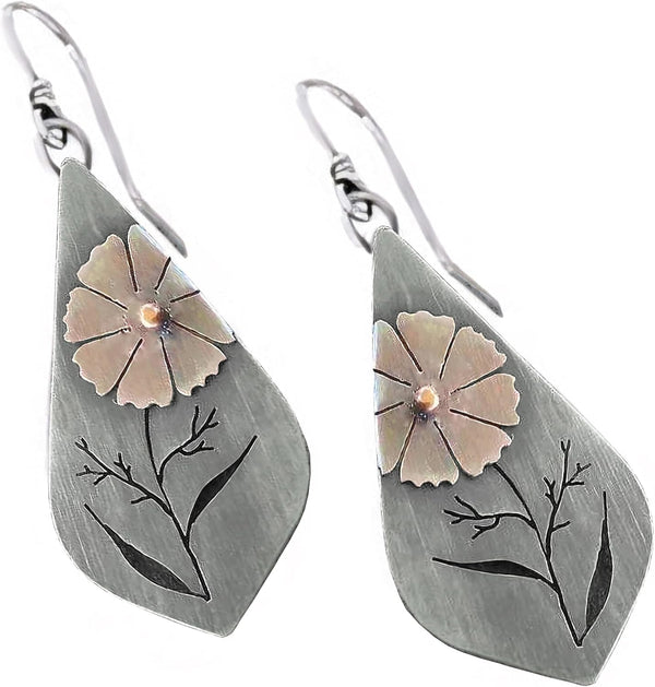 Gray Teardrop Flower Boho Dangle Earrings