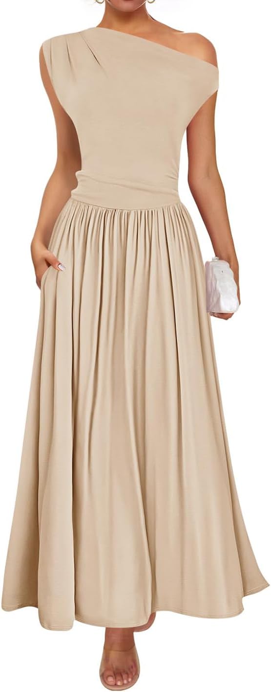 ZESICA Womens Sleeveless One Shoulder Maxi Dress with Pockets