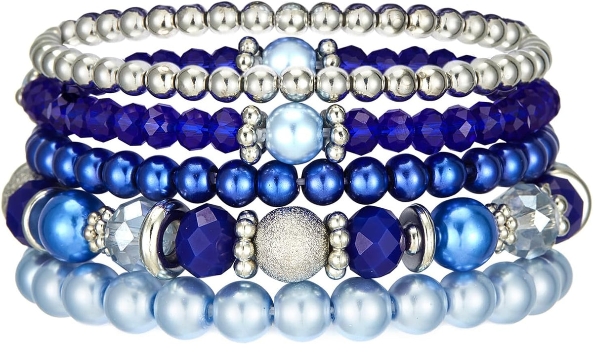 Noessla Beaded Pearl Stretch Bracelet Silver Stackable Crystal Beads Bracelets Trendy Costume Jewelry Mothers Day Gifts for Women