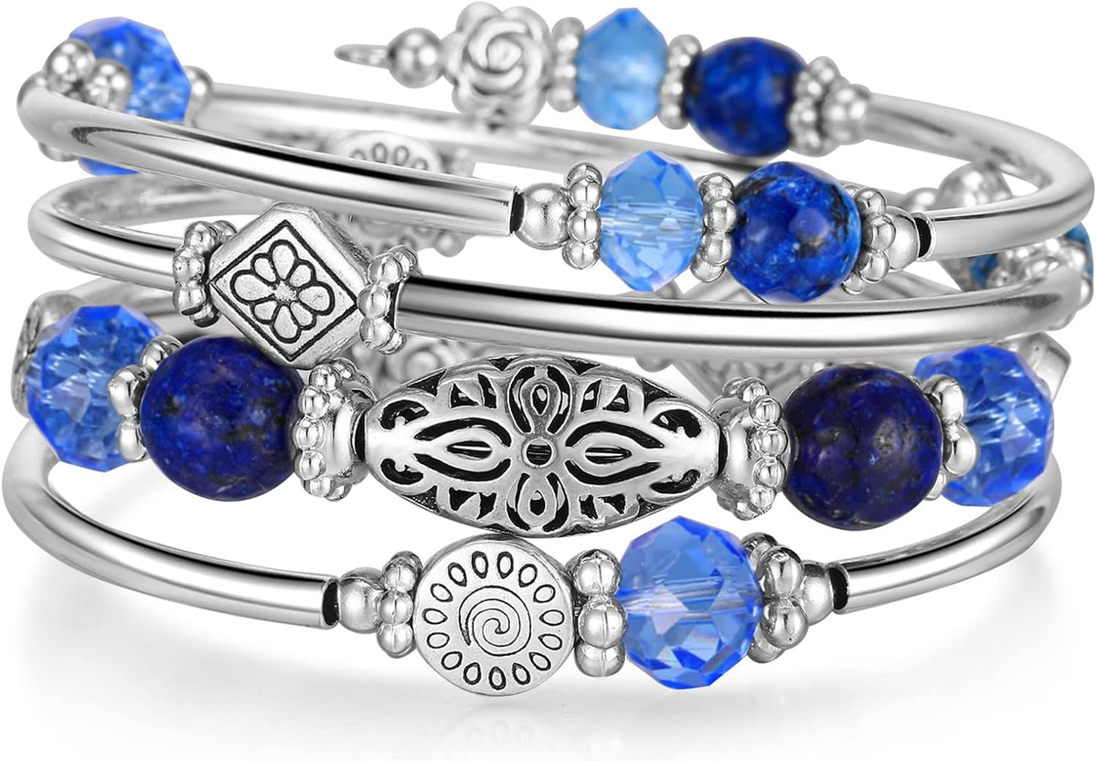 Stackable Beaded Bracelets for Women Boho Wrap Silver Bracelet Layered Fashion Jewelry Gifts for Her