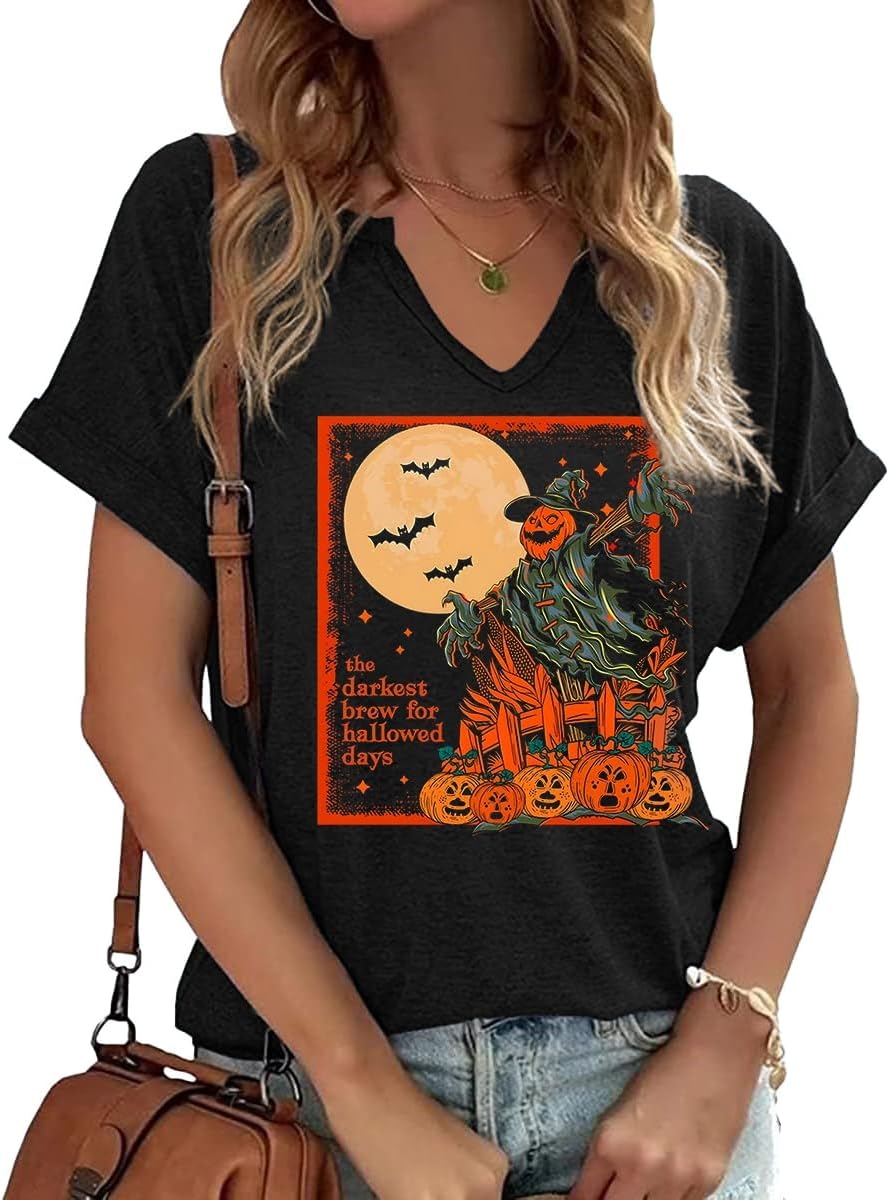 Earlymemb Women Fall Halloween Doodles V Neck Shirt Thanksgiving Casual Tee