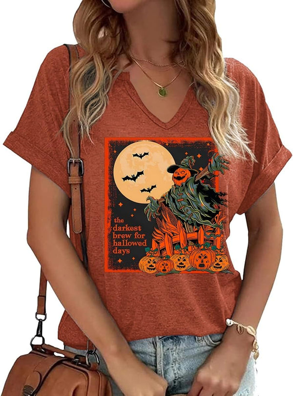 Earlymemb Women Fall Halloween Doodles V Neck Shirt Thanksgiving Casual Tee