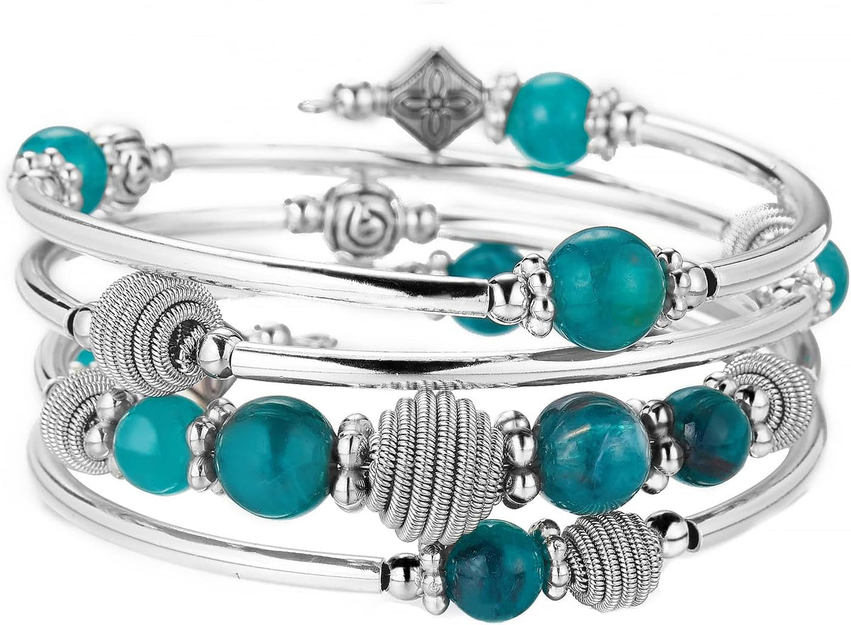 PEARL&CLUB Beaded Chakra Bangle Turquoise Bracelet - Fashion Jewelry Wrap Bracelet with Thick Silver Metal and Mala Beads, Birthday Gifts For Women