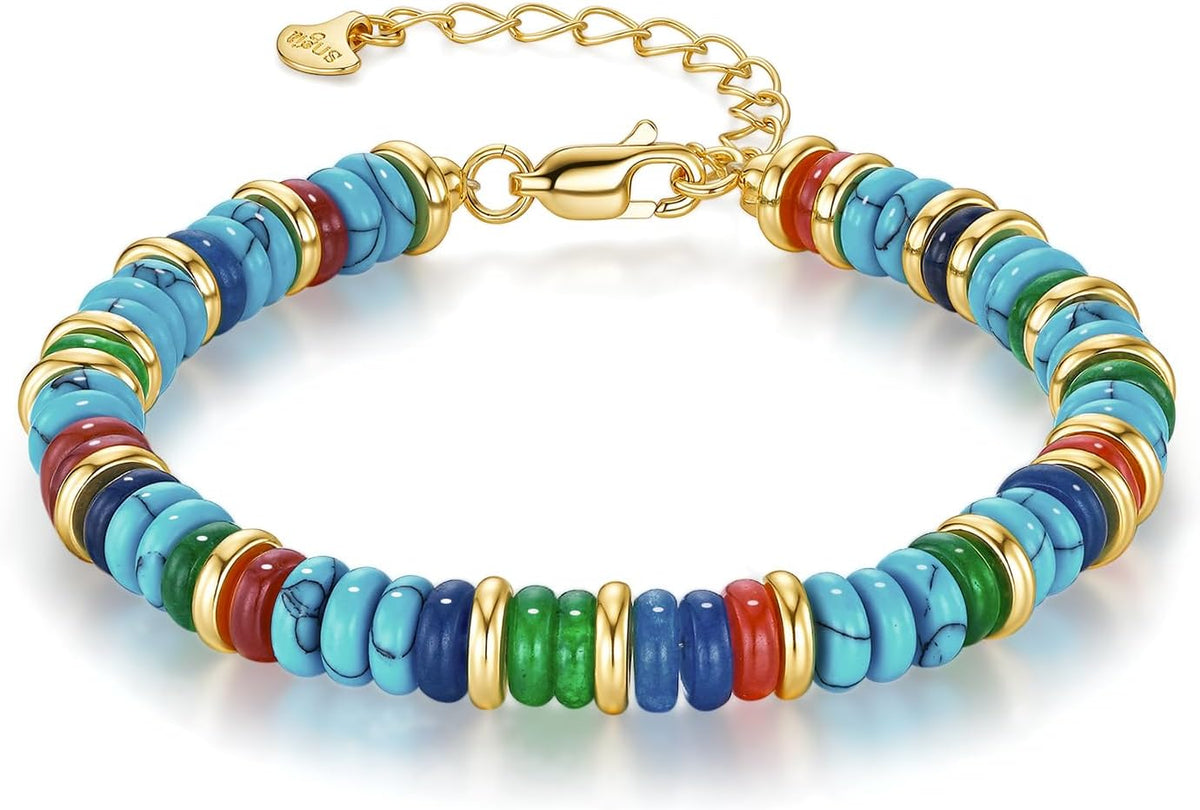 SNGIA Colorful 18K Gold Plated Bracelets for Women, Stack Bangle Beaded Stone Jewelry Accessories Set for Woman, Trendy Fashion Jewelry Gifts