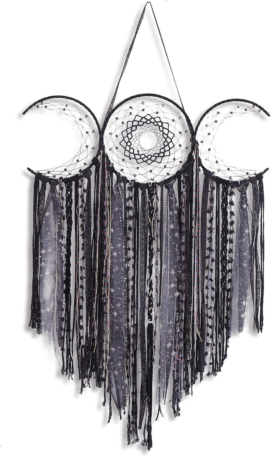 Black Triple Moon Goddess Dream Catcher Macrame Wall Hanging, Pagan Decor
