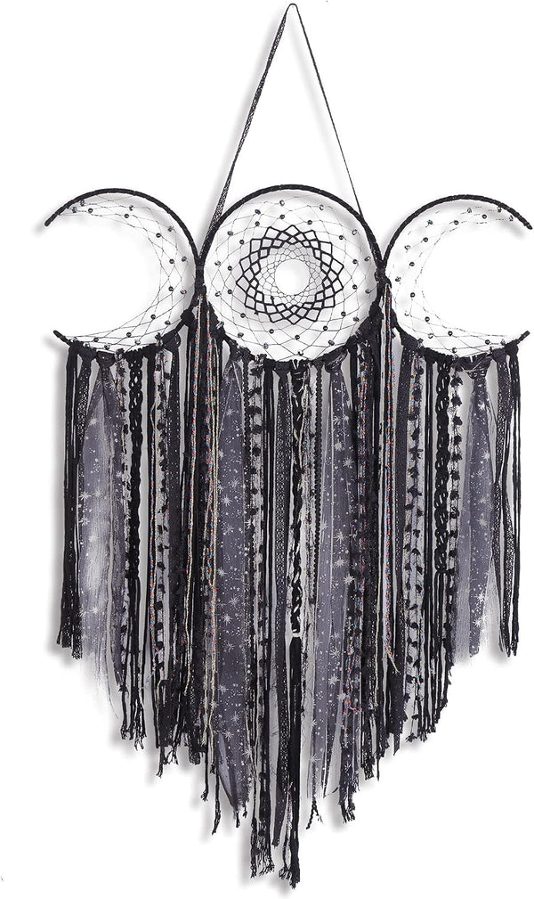 Black Triple Moon Goddess Dream Catcher Macrame Wall Hanging, Pagan Decor