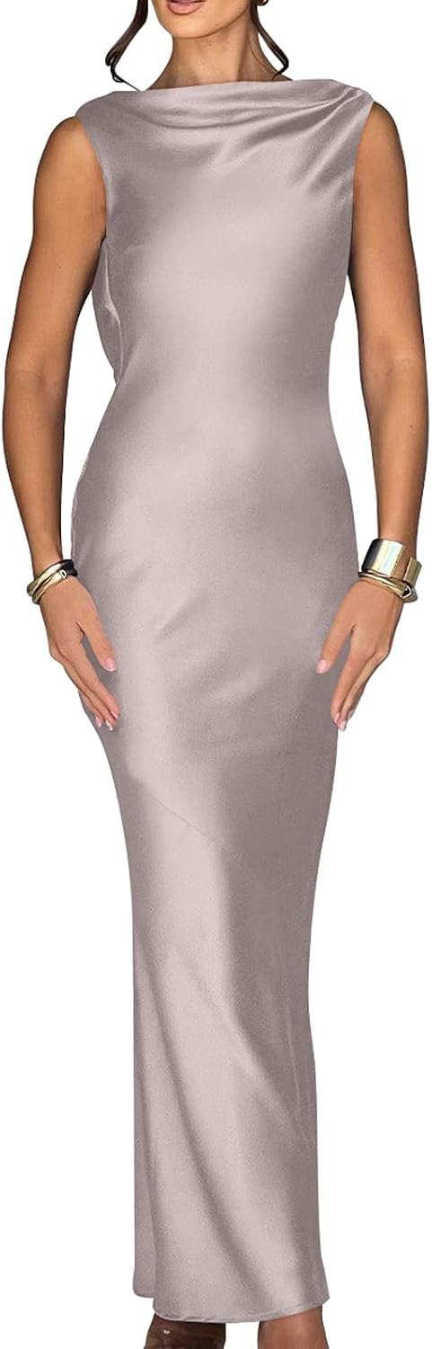 Memoriesea Women's Elegant Sleeveless High Neck Tie Cocktail Wedding Party Maxi Dress