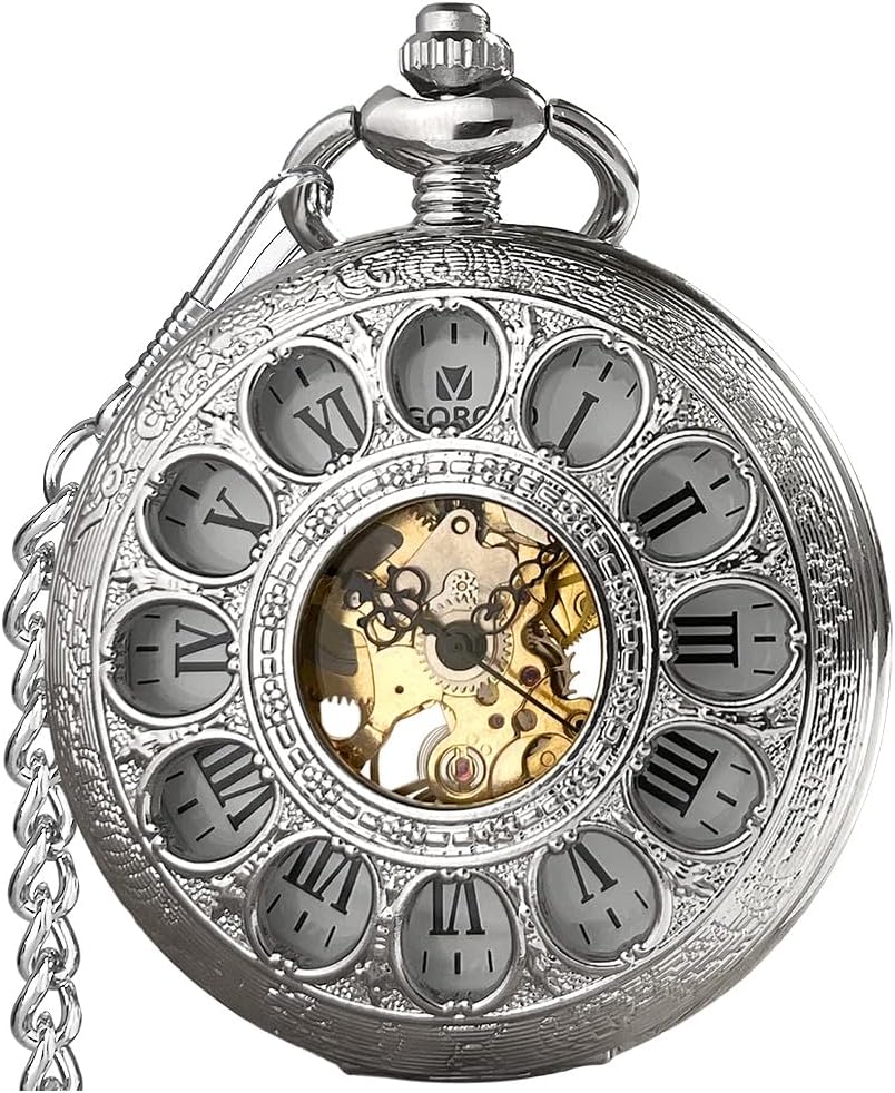 Mechanical Skeleton Pocket Watch with Chain
