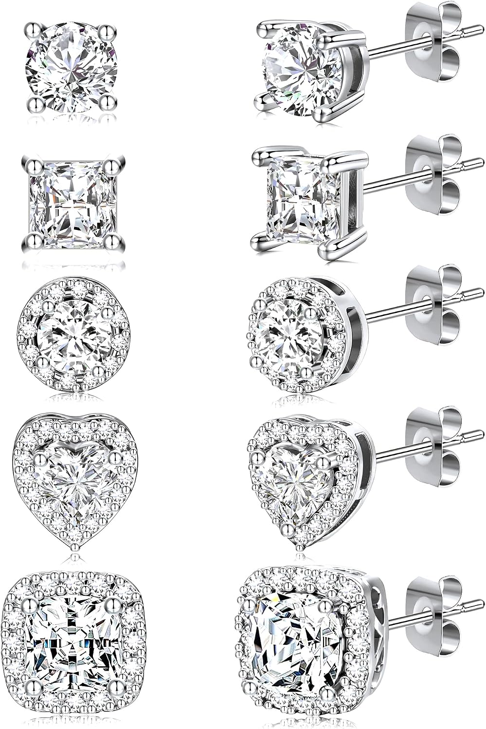 5 Pairs 14K Gold Plated Stud Earrings for Women, CZ Multiple Piercing Set