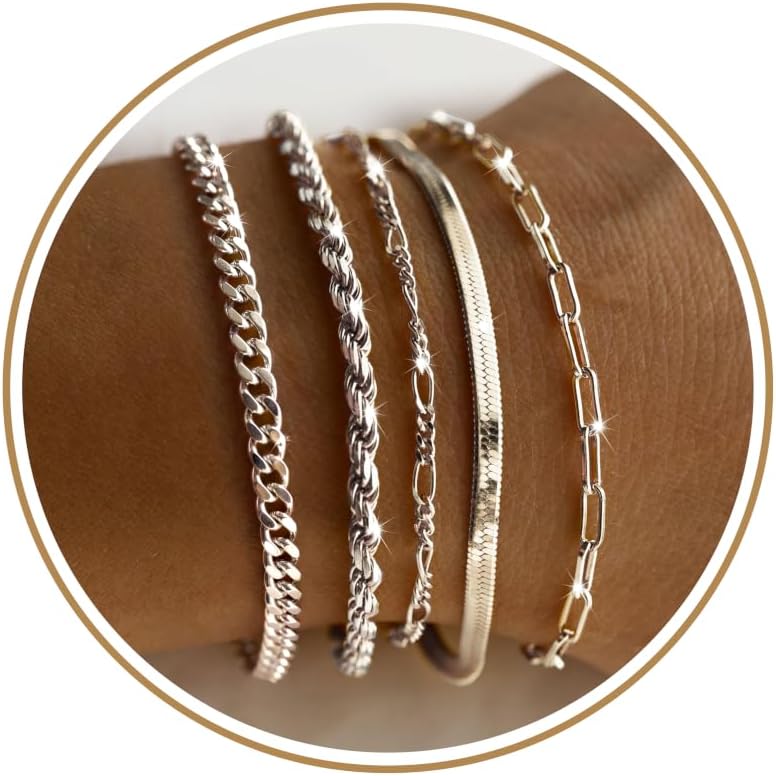 Dearmay Gold Bracelets for Women Waterproof, 14K Gold Plated Minimalist Bracelets Stack Non Tarnish Trendy Dainty Herringbone Vintage Cuban Paperclip Rope Thin Box Link Chain Stackable Jewelry Sets Modern Fashion Accessories Gifts for Womens Main image