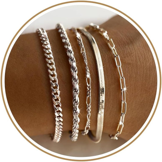 Dearmay Gold Bracelets for Women Waterproof, 14K Gold Plated Minimalist Bracelets Stack Non Tarnish Trendy Dainty Herringbone Vintage Cuban Paperclip Rope Thin Box Link Chain Stackable Jewelry Sets Modern Fashion Accessories Gifts for Womens